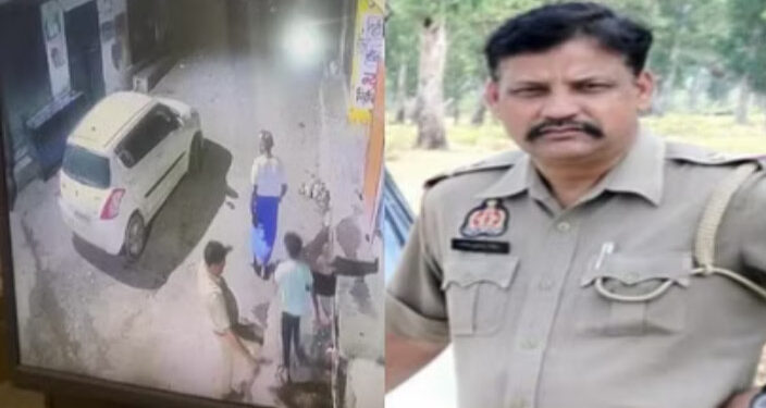 سڑک کے کنارے پلیٹ فارم پر بیٹھے ایک نوجوان کو بھگانے کے لیے لات ماری
