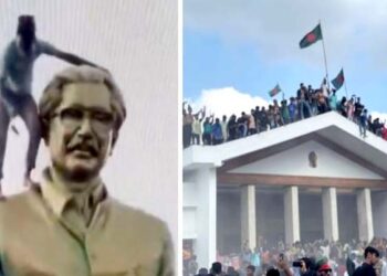 بنگلادیش میں مشتعل عوام نے شیخ مجیب کا مجسمہ گرادیا؛ کالک بھی مل دی