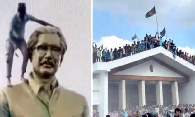 بنگلادیش میں مشتعل عوام نے شیخ مجیب کا مجسمہ گرادیا؛ کالک بھی مل دی